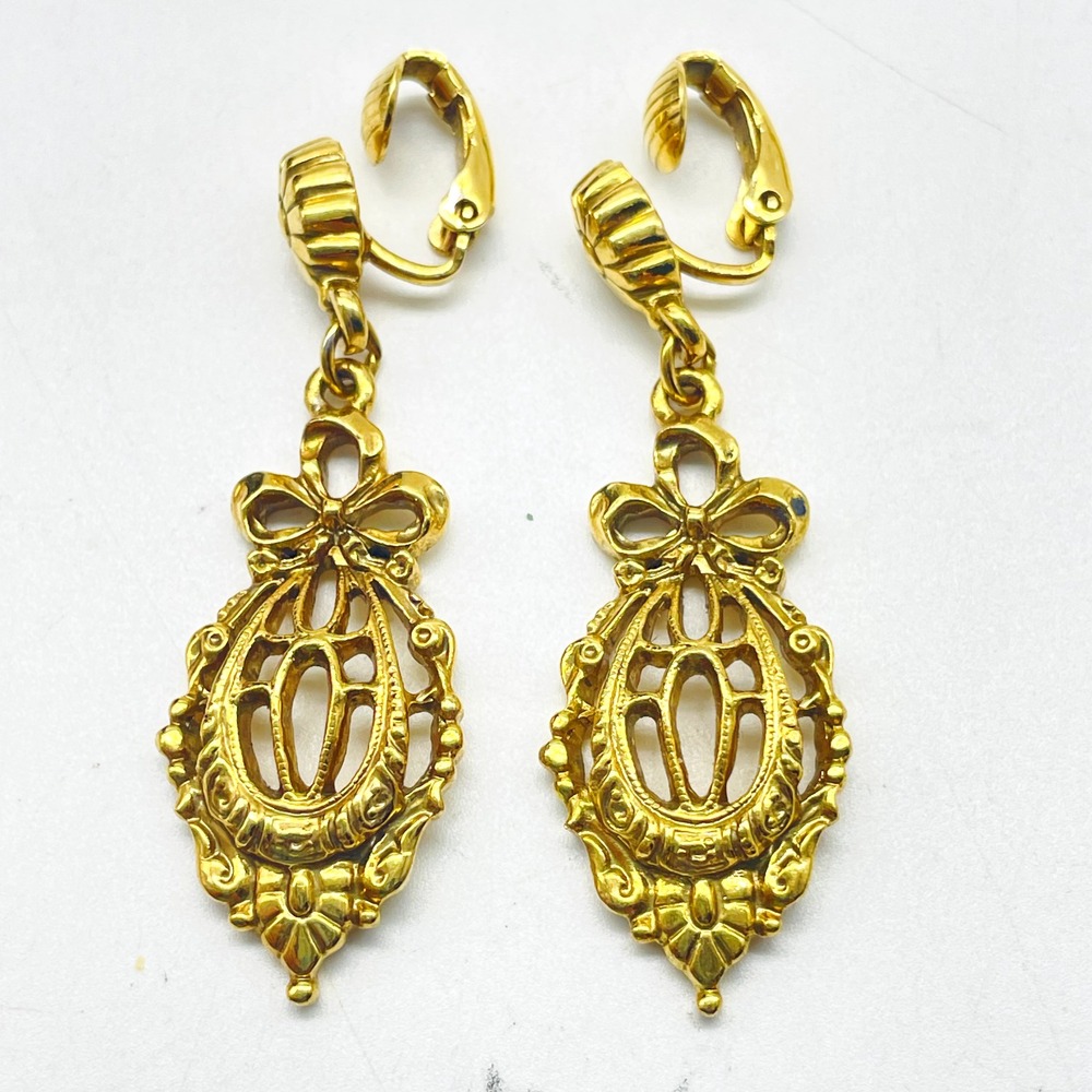 Vintage Clip On Earrings Gold Tone Filigree Dangle Ornate Victorian Revival